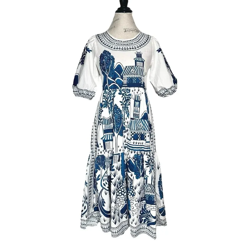 FARM Rio | Women | Ancient Garden Blue White Cotton Poplin Midi Dress | Size XS